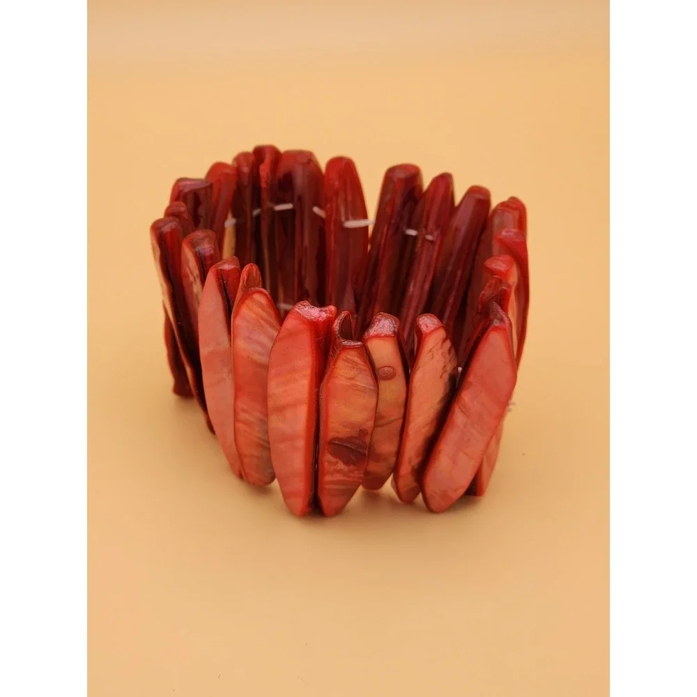 Vtg Gorgeous Red Pink Natural Abolone Shell Wide Stretchy Bracelet FREE $HIPPING
